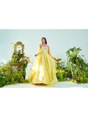 Mani Bhatia- Lime yellow silk anarkali with ruffle dupatta & embroidered belt - Image 2