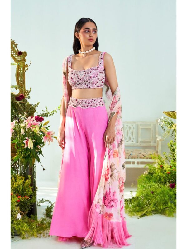 Mani Bhatia- Fuschia pink embroidered blouse , palazzo pants & printed cape with fringes