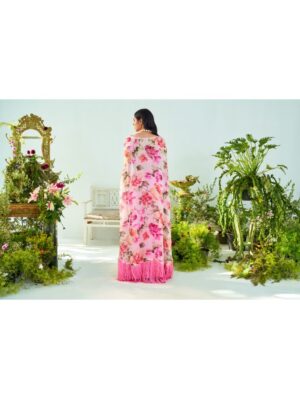 Mani Bhatia- Fuschia pink embroidered blouse , palazzo pants & printed cape with fringes - Image 5