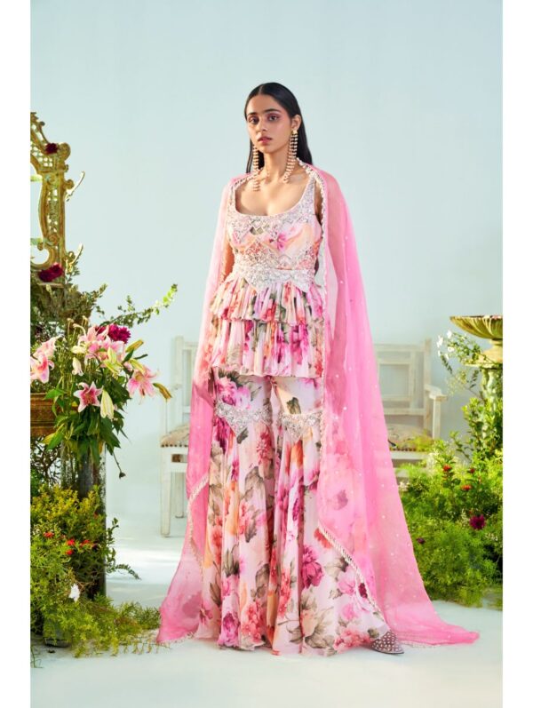 Mani Bhatia- Floral pink printed peplum & gharara set