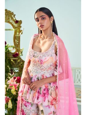 Mani Bhatia- Floral pink printed peplum & gharara set - Image 4