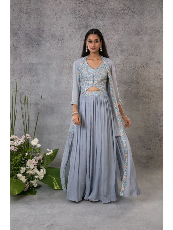 Pritika Vora - Powder blue waistcoat blouse lehenga set