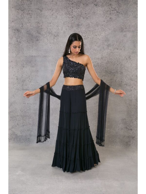 Pritika Vora - mid blue One shoulder blouse with Sharara pants