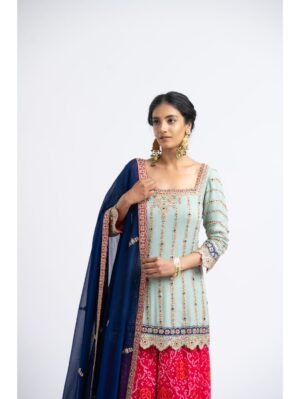 Nikita Gujral- GEORGETTE KURTA AND DUPATTA WITH TIERRED BANDHEJ SHARARA GOTA EMBROIDERY - Image 3