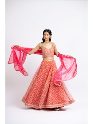Nikita Gujral- CORAL ORGANZA PRINTED LEHEHENGA CHOLI SET - Image 4