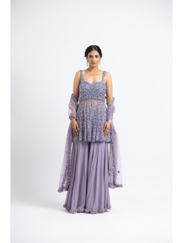 Nikita Gujral- SMOKY LILAC PEPLUM SHARARA SET