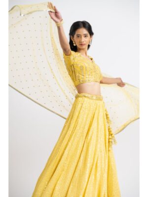 Nikita Gujral- SUNHINE YELLOW  RESHAM AND PATRA  WORK LEHENGA CHOLI SET - Image 3