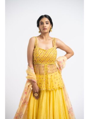 Nikita Gujral- BRIGHT YELLOW NET PEPLUM WITH GEORGETTE MOKAISH LEHENGA AND PRINTED DUPATTA - Image 5