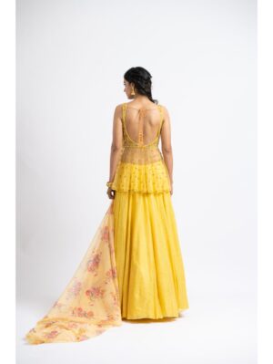 Nikita Gujral- BRIGHT YELLOW NET PEPLUM WITH GEORGETTE MOKAISH LEHENGA AND PRINTED DUPATTA - Image 4