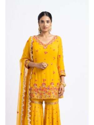 Nikita Gujral- MUSTARD GEORGETTE GARARA SET WITH NET DUPATTA - Image 4