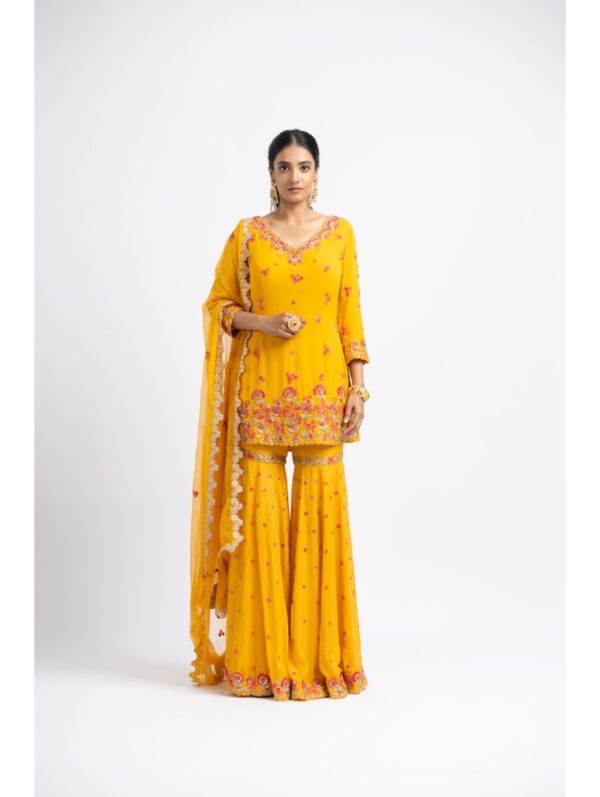 Nikita Gujral- MUSTARD GEORGETTE GARARA SET WITH NET DUPATTA
