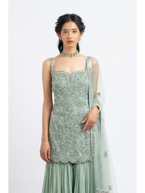 Nikita Gujral- JADE GREEN TULLE SHIRT WITH LAYERED SHARARA - Image 2