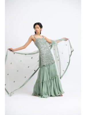 Nikita Gujral- JADE GREEN TULLE SHIRT WITH LAYERED SHARARA - Image 4