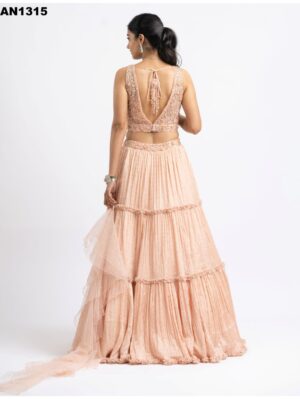 Nikita Gujral- PEACH CRUSHED CHIGNON TIERRED LEHENGA WITH NET CHOLI AND DUPATTA - Image 2
