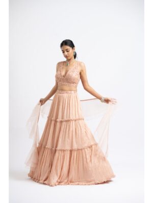 Nikita Gujral- PEACH CRUSHED CHIGNON TIERRED LEHENGA WITH NET CHOLI AND DUPATTA - Image 5