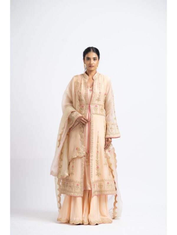 Nikita Gujral- PEACH ORGANZA JACKET AND DUPATTA WITH GEORGETT INNER AND SHARARA