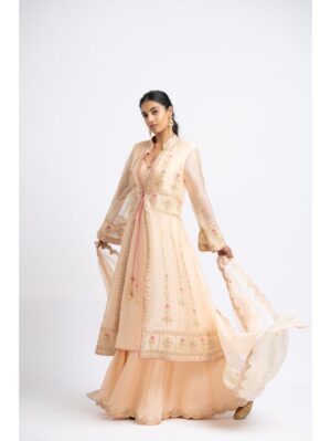 Nikita Gujral- PEACH ORGANZA JACKET AND DUPATTA WITH GEORGETT INNER AND SHARARA - Image 4