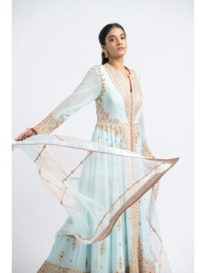 Nikita Gujral- FLOOR LENGTH AQUA KALIDAR WITH WORKED ORGANZA DUPATTA AND CHURIDAR - Image 2