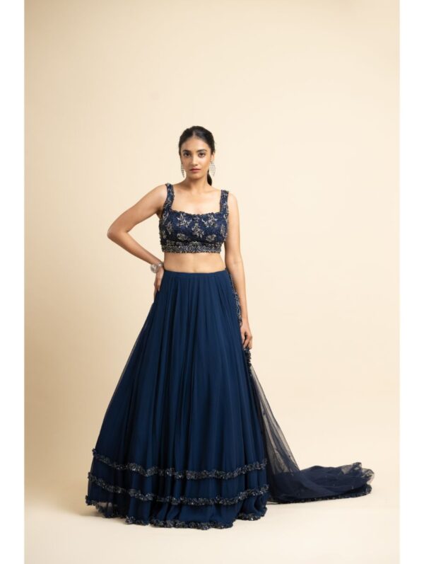 Nikita Gujral- NAVY GEORGETTE LEHENGA WITH TULLE CHOLI AND DUPATTA