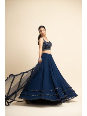 Nikita Gujral- NAVY GEORGETTE LEHENGA WITH TULLE CHOLI AND DUPATTA - Image 2