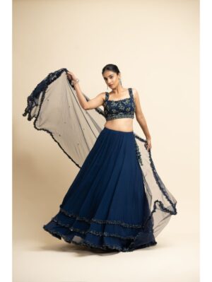 Nikita Gujral- NAVY GEORGETTE LEHENGA WITH TULLE CHOLI AND DUPATTA - Image 5