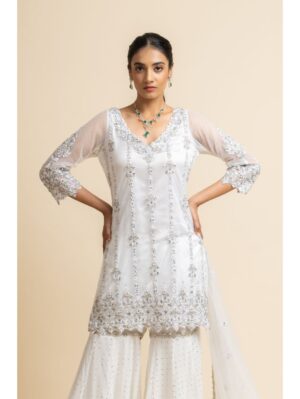 Nikita Gujral- OFF WHITE TULLE SHIRT AND DUPATTA WITH MOKAISH GARARA - Image 2