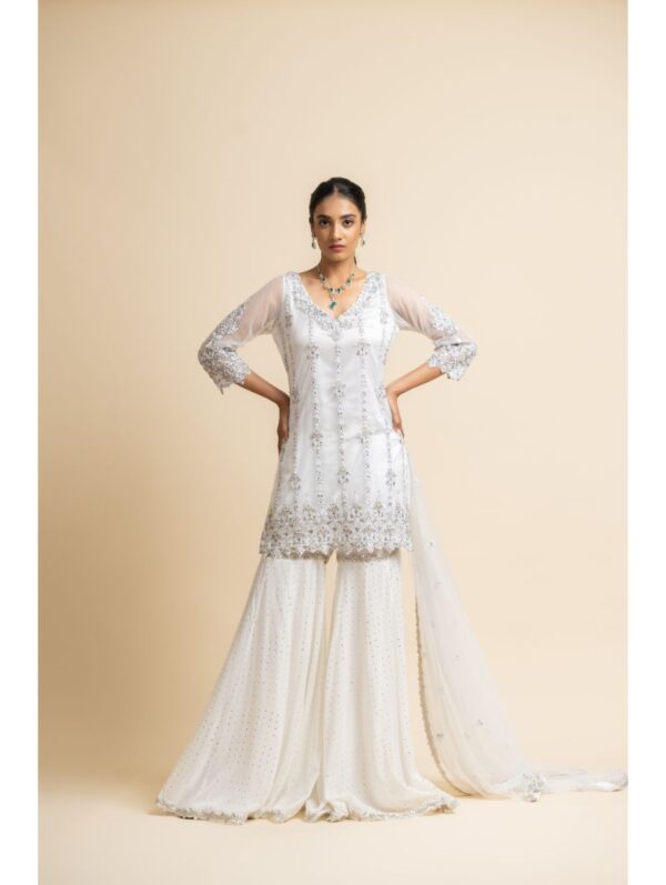 Nikita Gujral- OFF WHITE TULLE SHIRT AND DUPATTA WITH MOKAISH GARARA