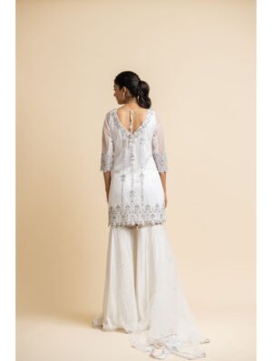 Nikita Gujral- OFF WHITE TULLE SHIRT AND DUPATTA WITH MOKAISH GARARA - Image 4