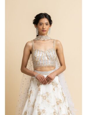 Nikita Gujral- OFF WHITE EMBROIDERED LEHENGA WITH BUSTIER AND STYLISED DUPATTA - Image 2