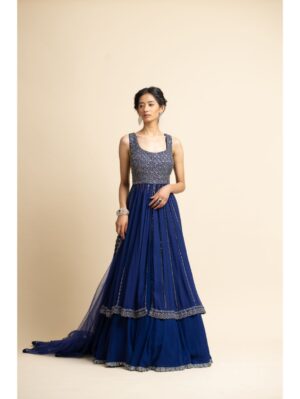 Nikita Gujral- MIDNIGHT BLUE GEORGETTE KALIDAR JACKET  LEHENGA SET - Image 4