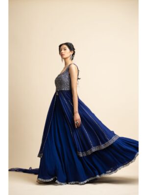 Nikita Gujral- MIDNIGHT BLUE GEORGETTE KALIDAR JACKET  LEHENGA SET - Image 3