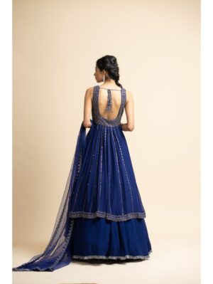 Nikita Gujral- MIDNIGHT BLUE GEORGETTE KALIDAR JACKET  LEHENGA SET - Image 5