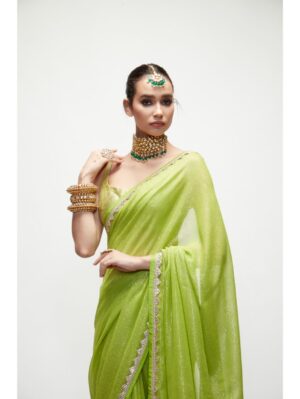 Ranian - Chartreuse green mettalic saree set - Image 2