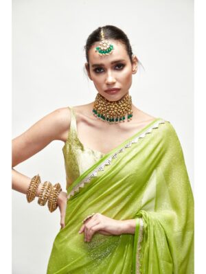 Ranian - Chartreuse green mettalic saree set - Image 3