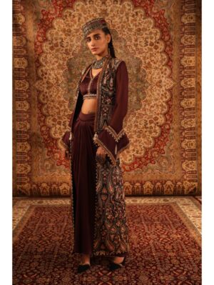 Aditi Gupta - Wine blouse, draped skirt, jamawaar jacket - Image 3