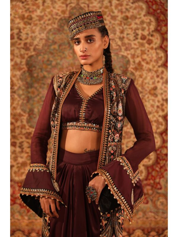 Aditi Gupta - Wine blouse, draped skirt, jamawaar jacket