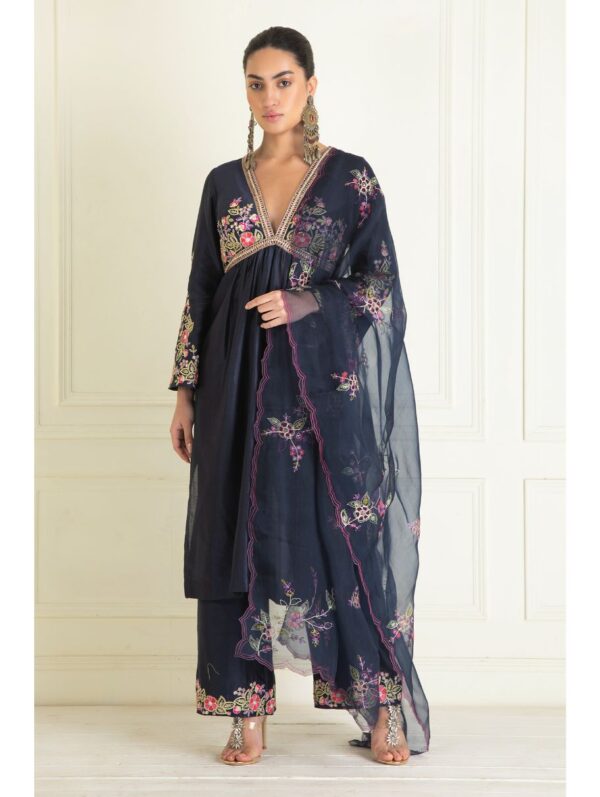 Priyanka Jain- MIDNIGHT BLUE EMBROIDERED  CAHNDERI SUIT SET