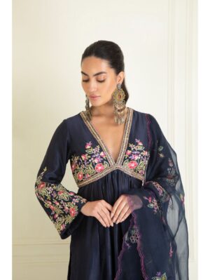 Priyanka Jain- MIDNIGHT BLUE EMBROIDERED  CAHNDERI SUIT SET - Image 2