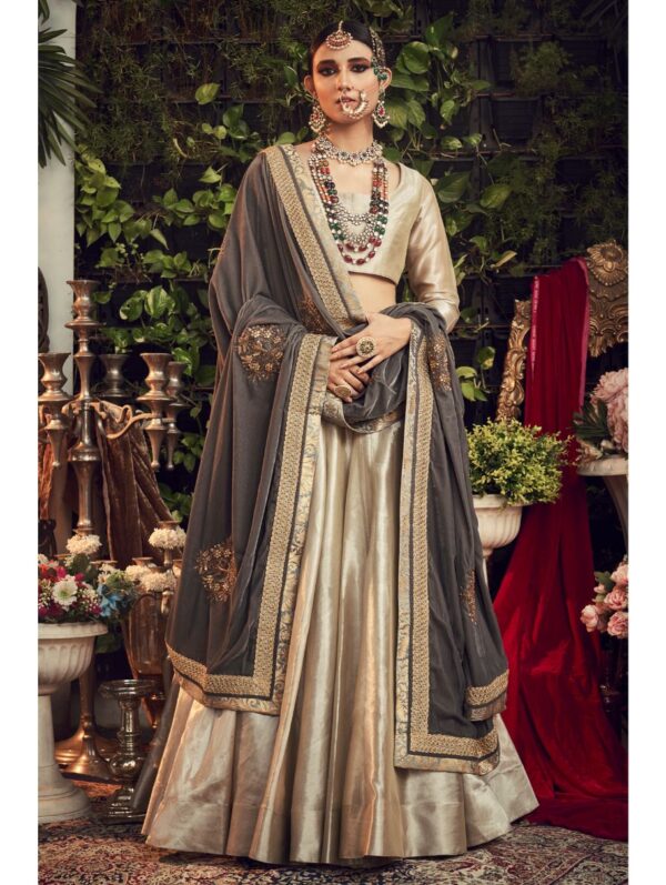 Ranian - CHAMPAGNE LENGHA SET WITH VELVET DUPATTA SHAWL