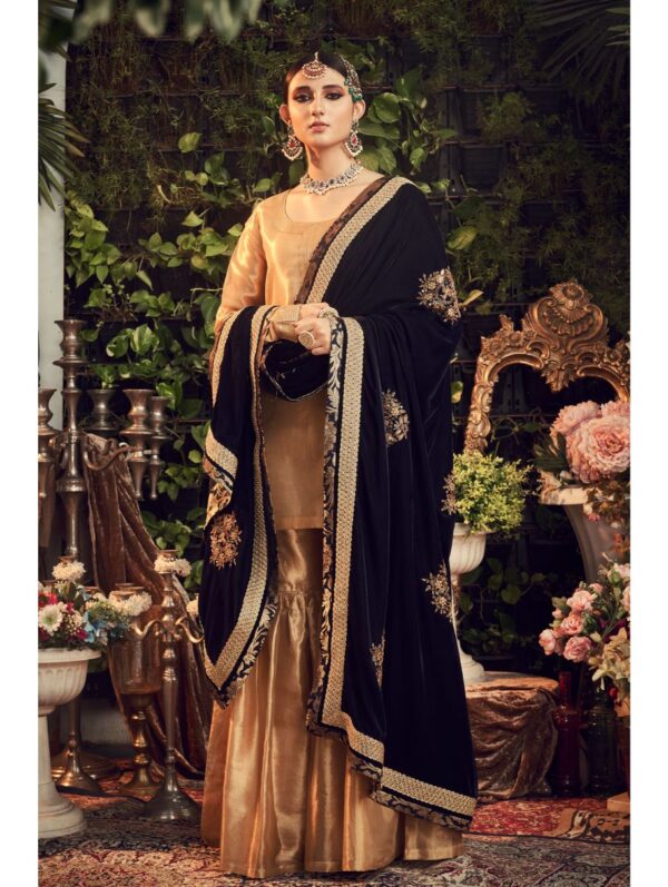 Ranian - OXIDISED GOLD GARARA SET WITH VELVET DUPATTA SHAWL