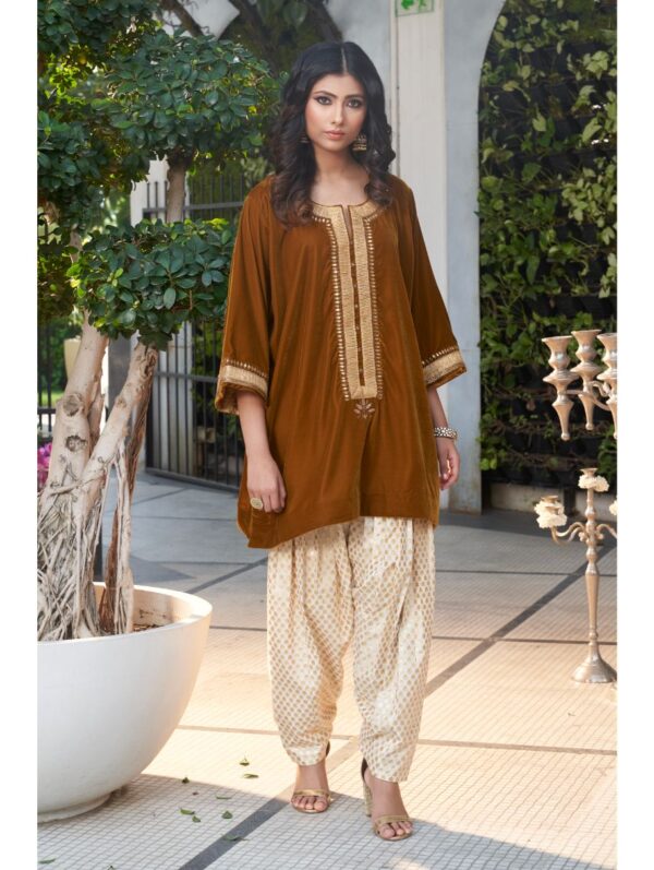 Ranian - SAND COLOUR VELVET KURTA WITH CHANDERI SALWAR