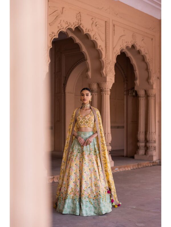 Label Anushree - Yellow embroidery croptop with yellow and green highlighted skirt with yeelow highlighted border dupatta