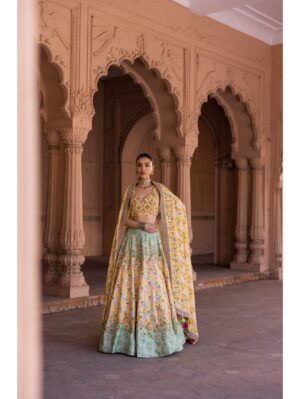 Label Anushree - Yellow embroidery croptop with yellow and green highlighted skirt with yeelow highlighted border dupatta - Image 3