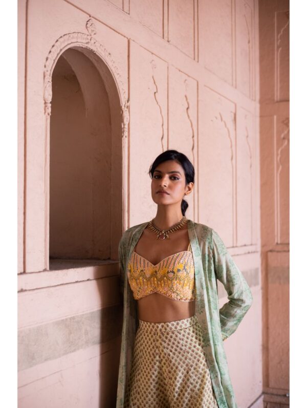 Label Anushree - Offwhite embroidery bustier with green block printed palazzos