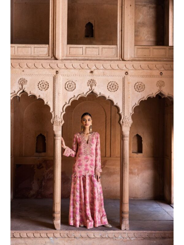 Label Anushree - Pink embroidery neckline short top with flared palazzos