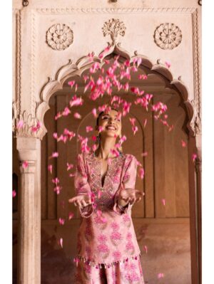 Label Anushree - Pink embroidery neckline short top with flared palazzos - Image 2