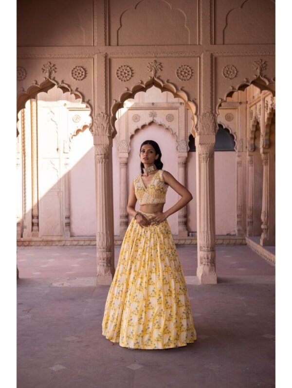 Label Anushree - Offwhite embroidery croptop with yellow printed skirt