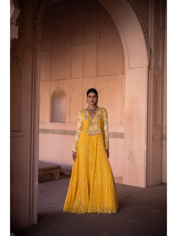 Label Anushree - Yellow embroidery patch threadwork boho maxi with mul slip
