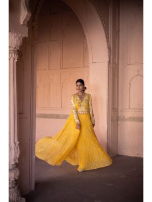 Label Anushree - Yellow embroidery patch threadwork boho maxi with mul slip - Image 2