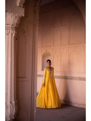 Label Anushree - Yellow embroidery patch threadwork boho maxi with mul slip - Image 4